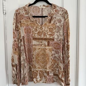 Les Amis Paisley Long Sleeve Flowy Blouse Beige Brown Ivory Size S